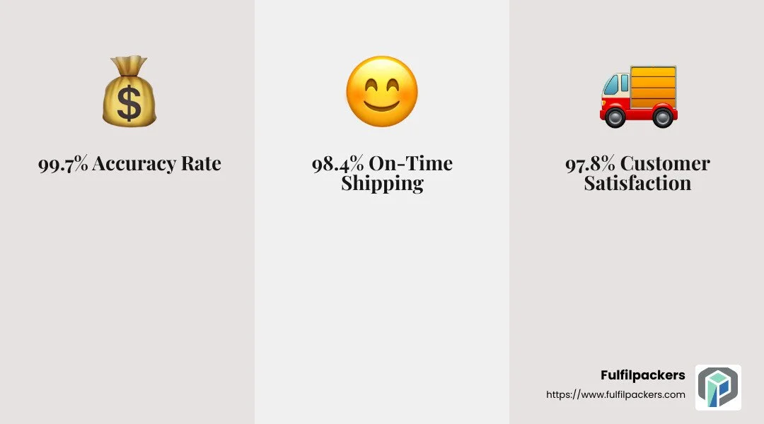 99.7% Accuracy Rate, 97.8% Customer Satisfaction, 98.4% On-Time Shipping - e-commerce fulfillment solutions for Australia infographic 3_facts_emoji_grey